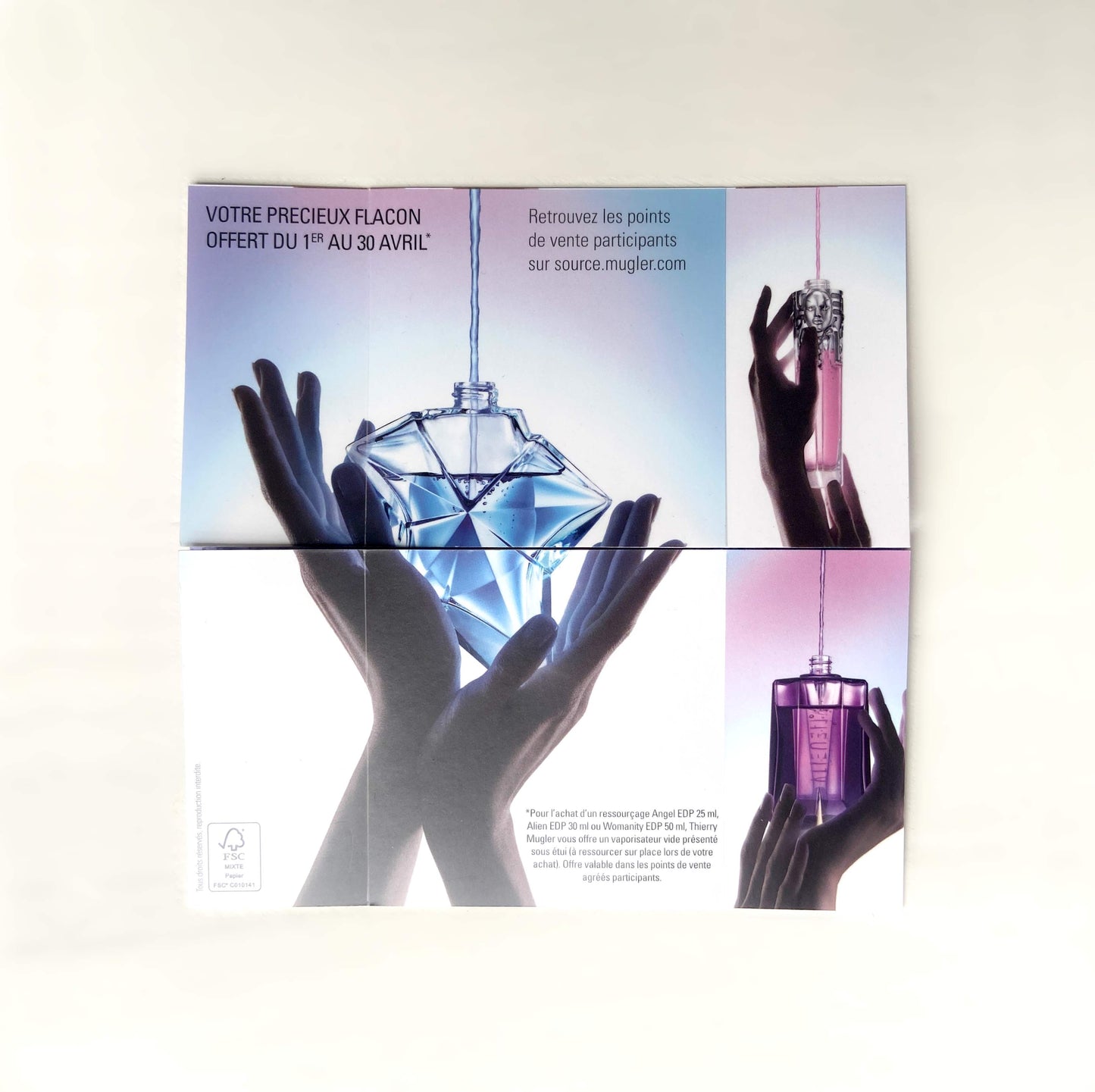Carte publicitaire origami pop up Thierry Mugler « La source » 2013