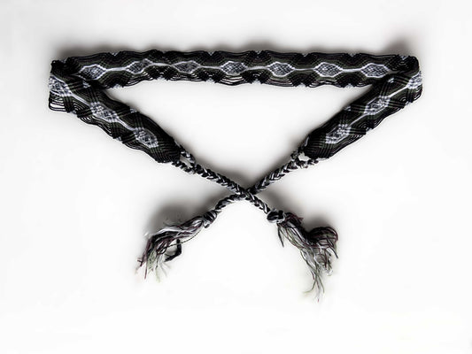 Ceinture à nouer artisanale corde macramé Amérique du sud rayée noir blanc gris vert marron 118cm