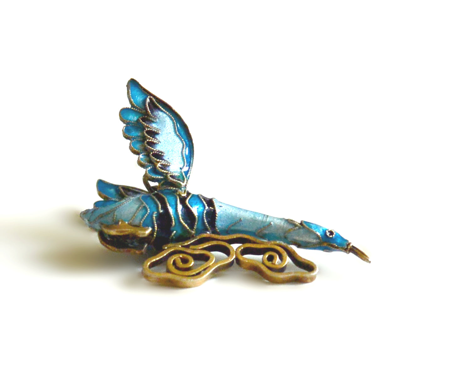 Pendentif asiatique oiseau nuage émail cloisonné bleu vintage 70/80