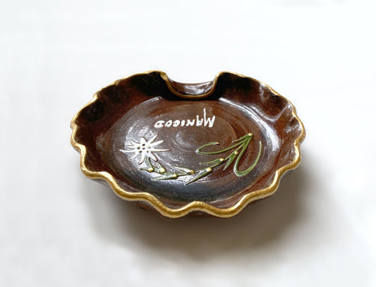 Cendrier vintage brun doré céramique « Manigod » Edelweiss 14cm ø