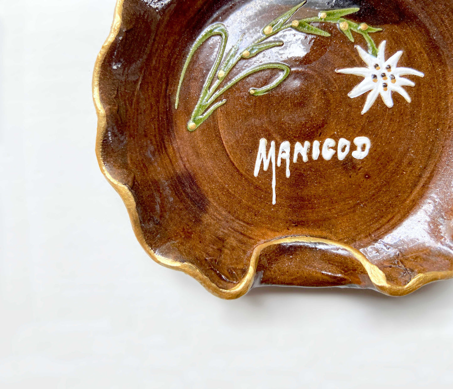 Cendrier vintage brun doré céramique « Manigod » Edelweiss 14cm ø