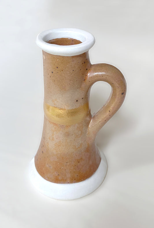 Bougeoir à anse grès marbré blanc or vintage 15cm