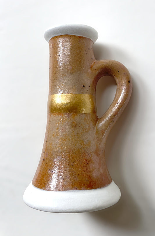 Bougeoir à anse grès marbré blanc or vintage 15cm