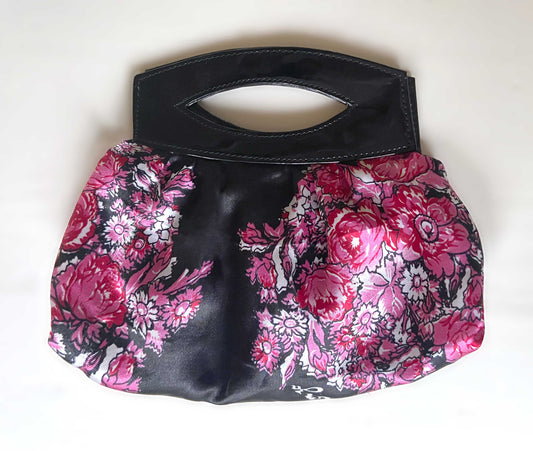Petit sac pochette satin noir fleurs roses Kenzo© vintage