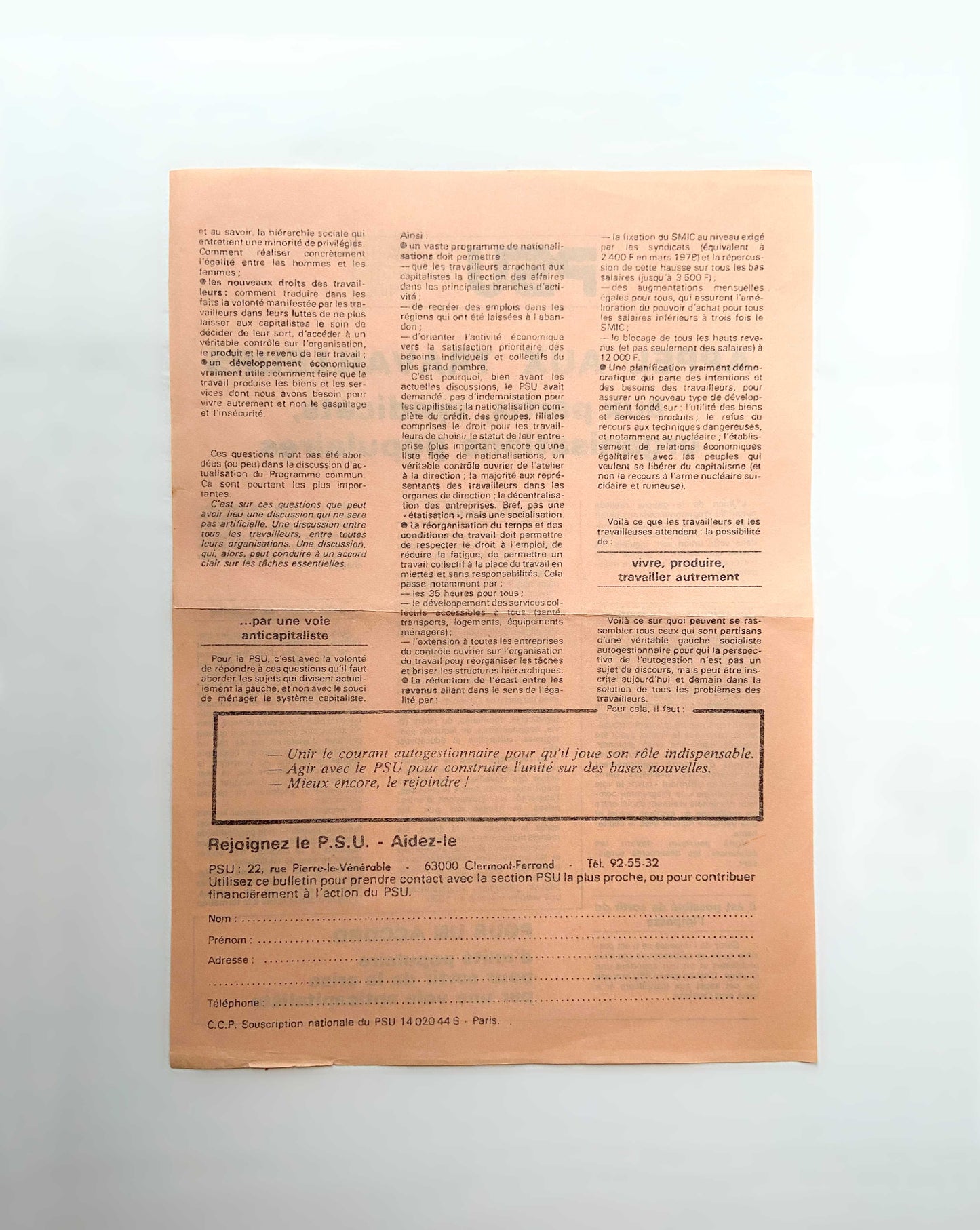 Document ancien tract « PSU - Appel aux travailleurs » années 70