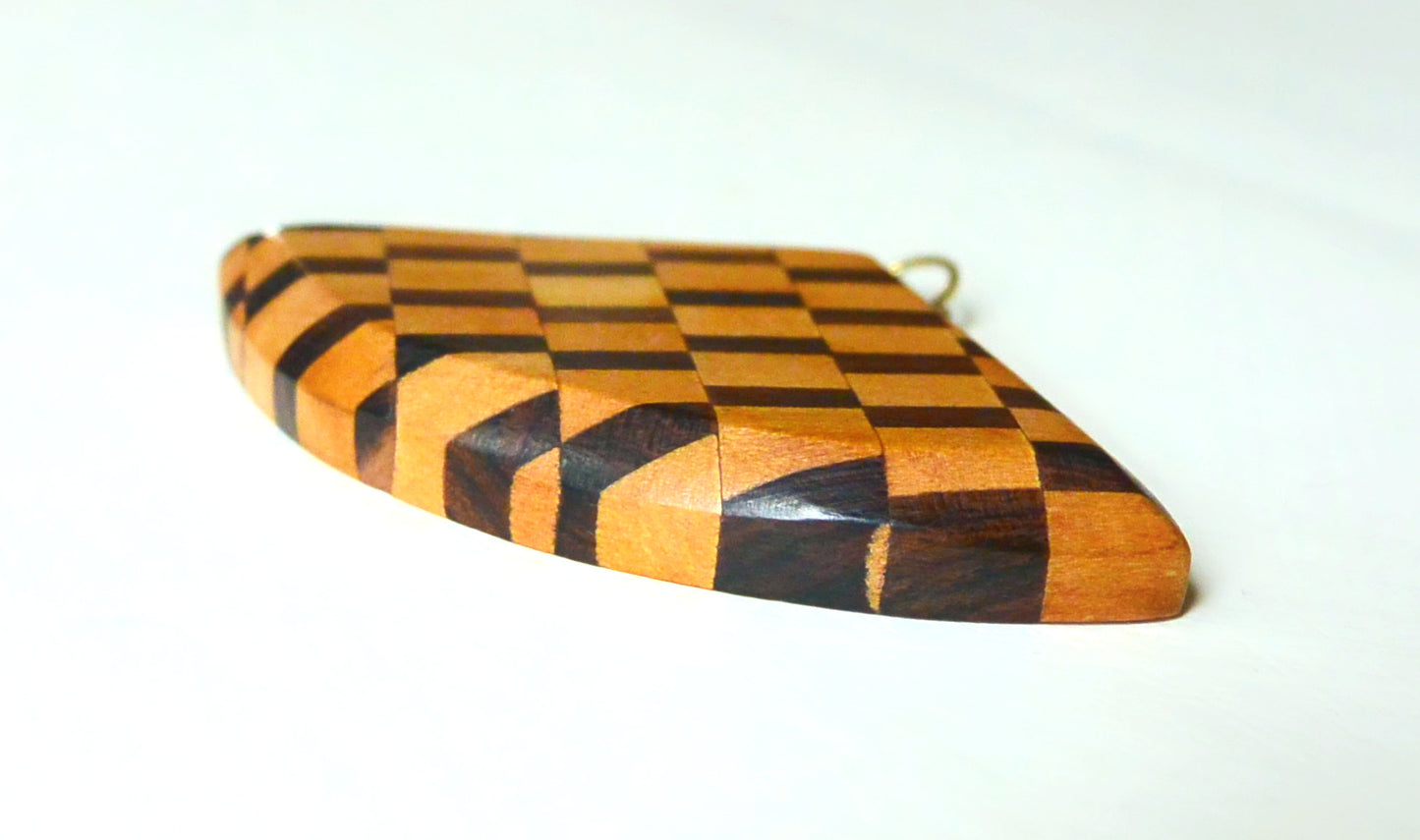 Pendentif artisanal marqueterie bois éventail vintage 80