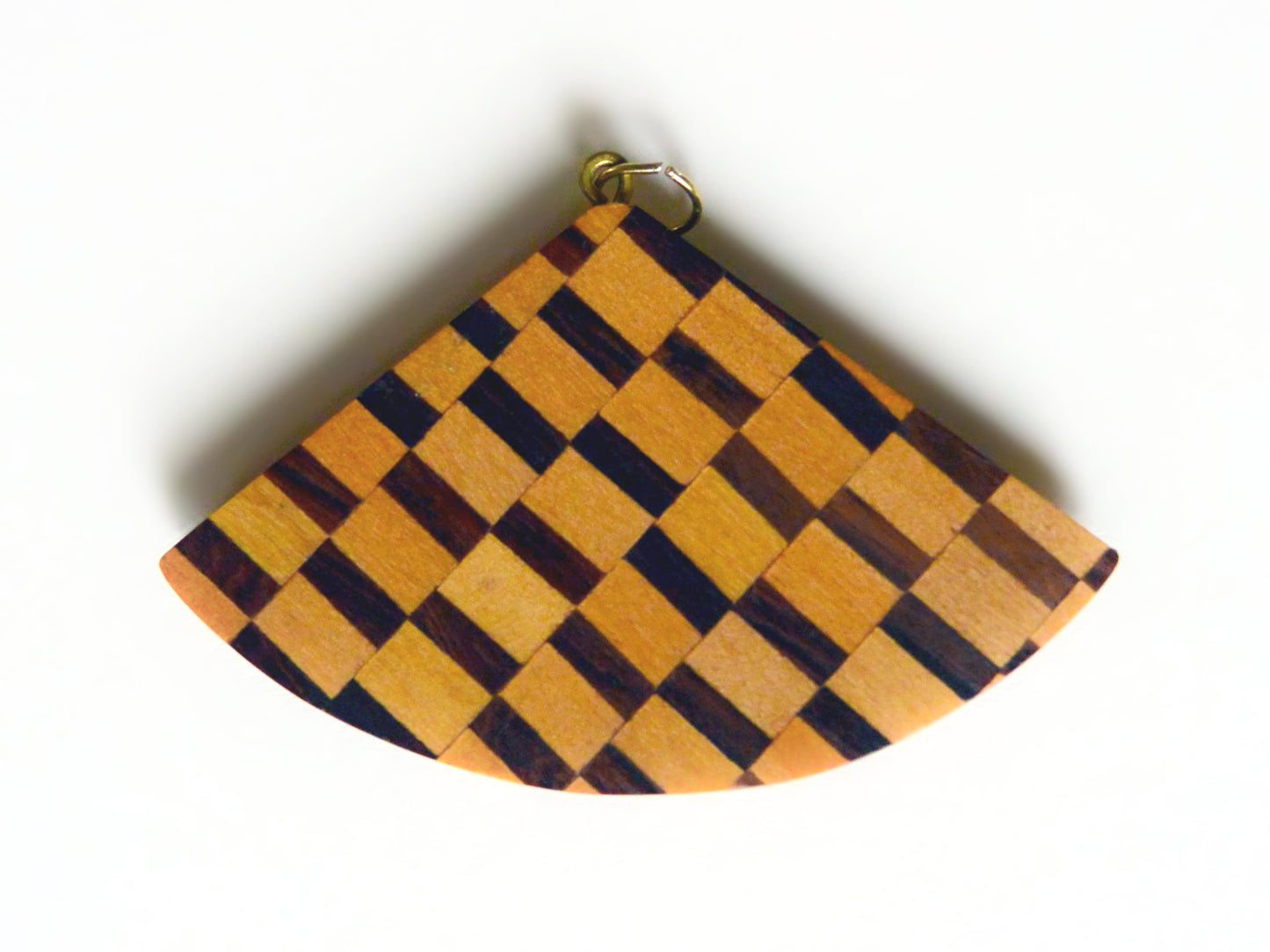 Pendentif artisanal marqueterie bois éventail vintage 80