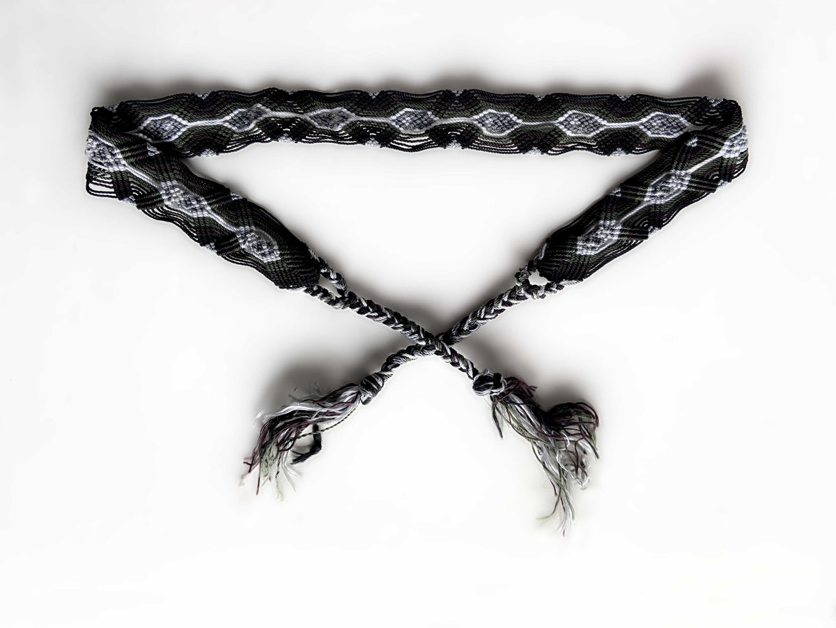 Ceinture à nouer artisanale corde macramé Amérique du sud rayée noir blanc gris vert marron 118cm