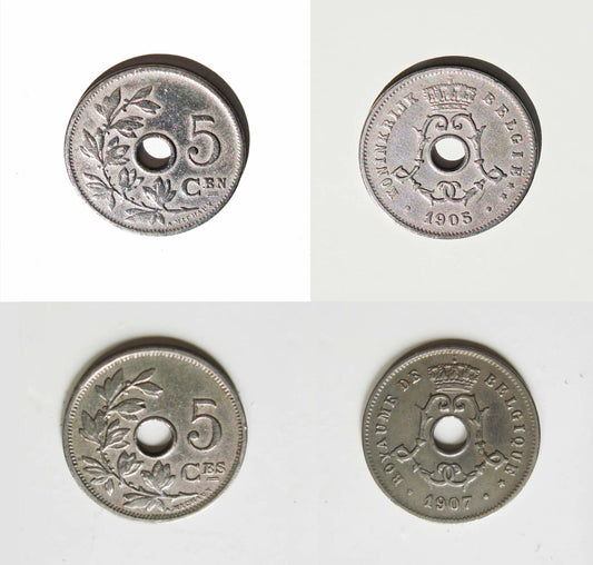 Lot 2 pièces de 5 centimes Belgique 1905 – 1907 Léopold II type Michaux en néerlandais