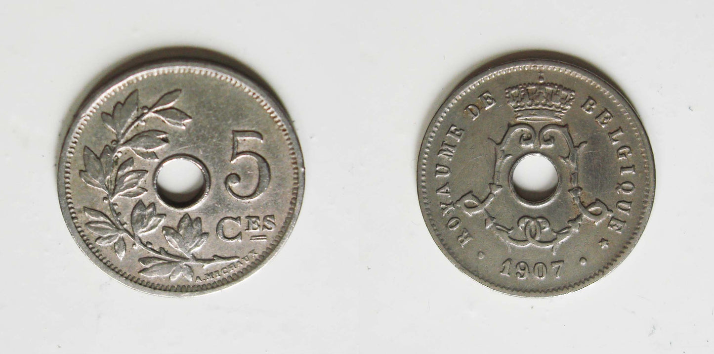 Lot 2 pièces de 5 centimes Belgique 1905 – 1907 Léopold II type Michaux en néerlandais