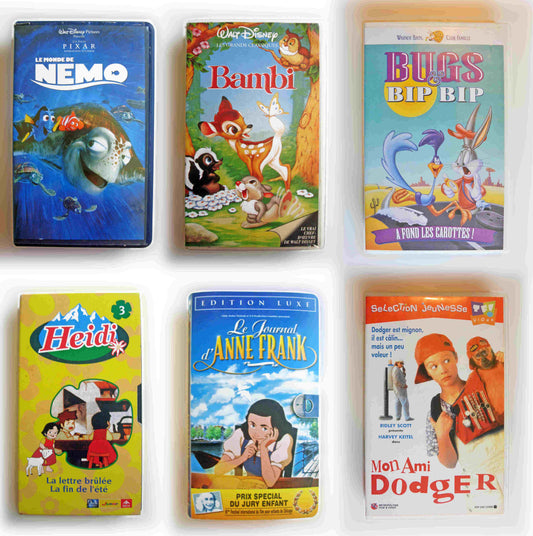 Lot 6 VHS pour enfants : Nemo, Bambi, Bip-bip, Heidi, Anne Frank, Dodger