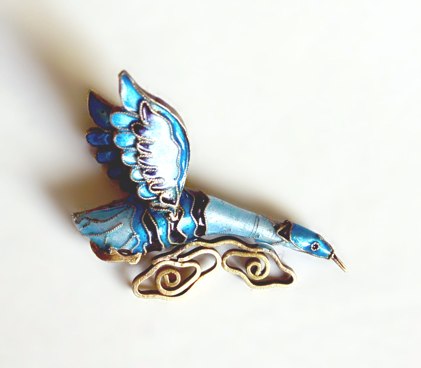 Pendentif asiatique oiseau nuage émail cloisonné bleu vintage 70/80
