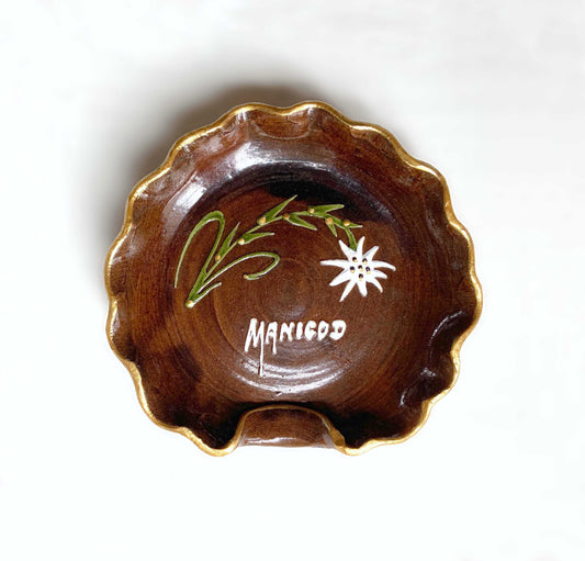 Cendrier vintage brun doré céramique « Manigod » Edelweiss 14cm ø