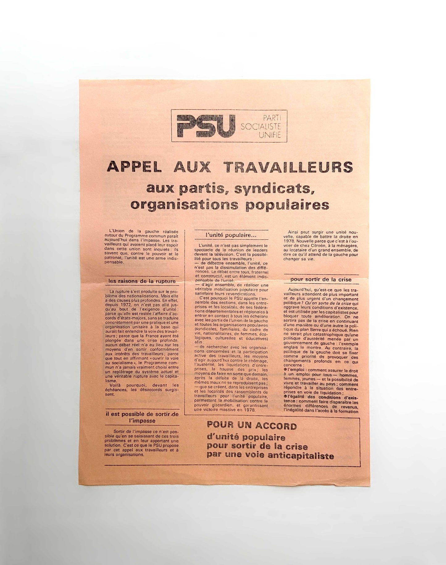 Document ancien tract « PSU - Appel aux travailleurs » années 70
