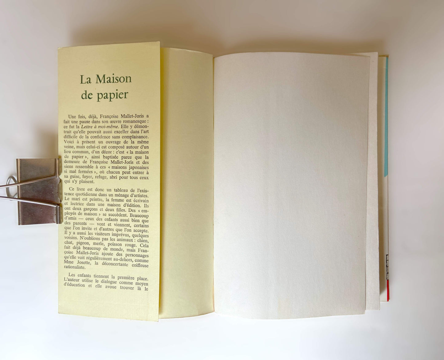 Livre «La maison de papier» F. Mallet-Joris, ed. Grasset 1970