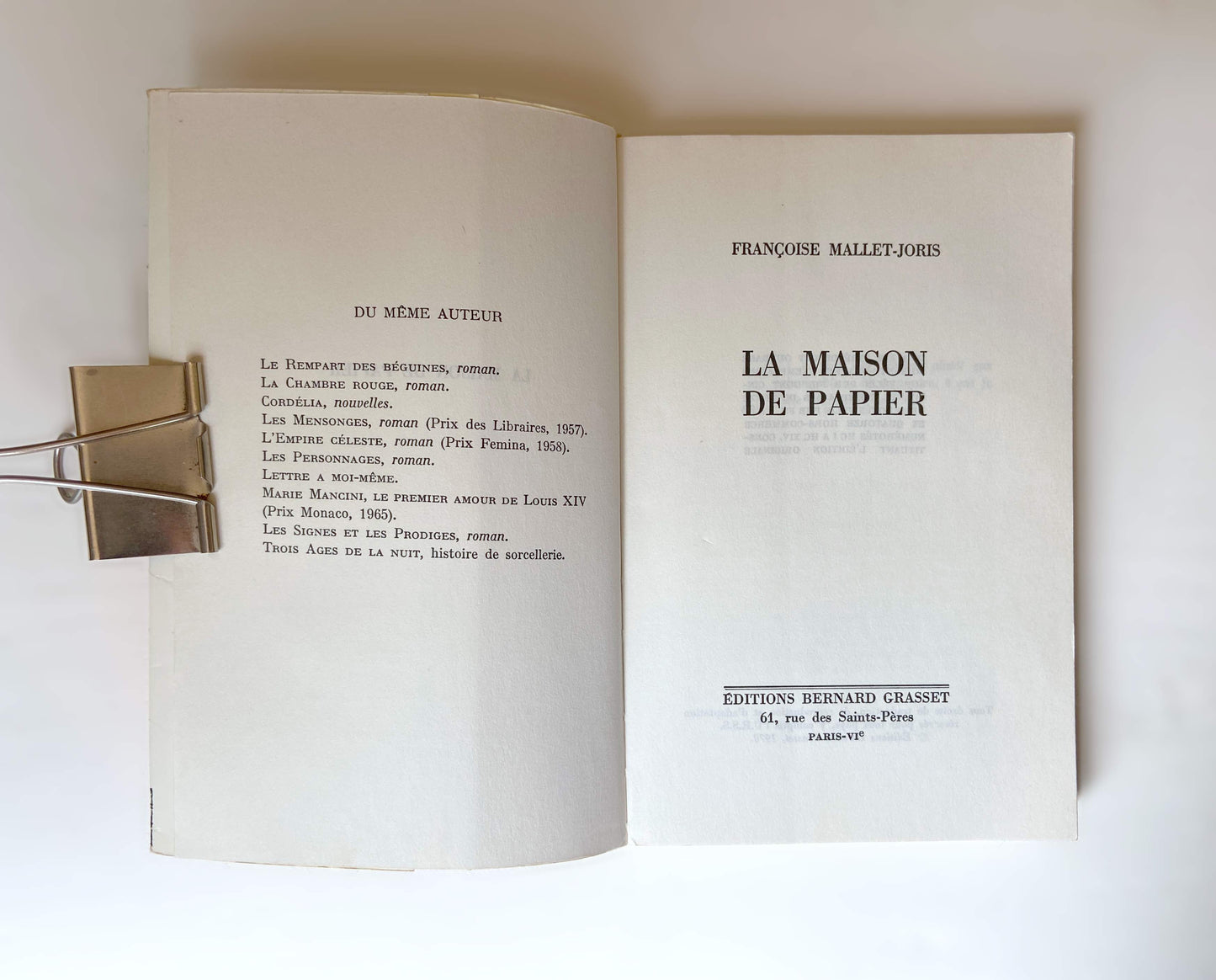 Livre «La maison de papier» F. Mallet-Joris, ed. Grasset 1970
